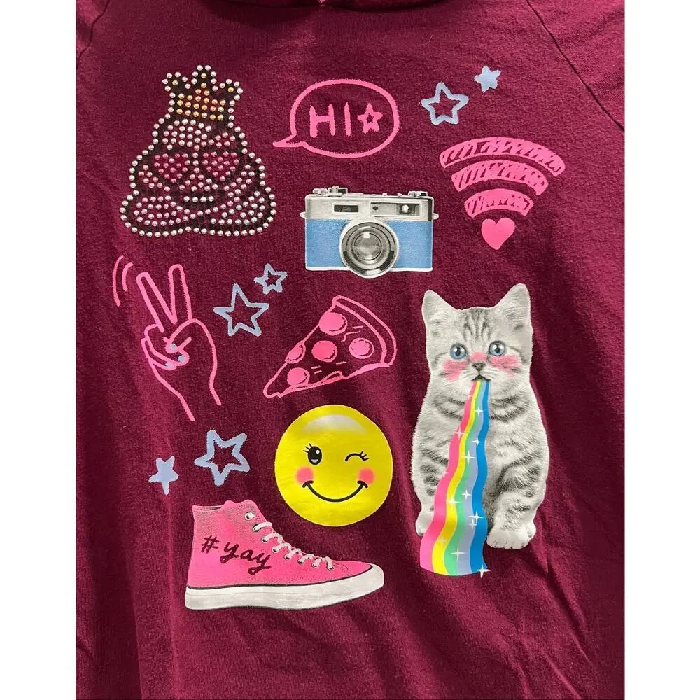 Justice Cherry Red graphic hooded tee white layered hem kitty peace bling sz 14